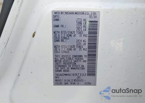 2014 Nissan Pathfinder Platinum z USA, uszkodzony, nr VIN 5N1AR2MN4EC697332